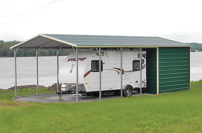 RV Cover A-Frame with vertical roof with four extra sheets - photos © AllSteelCarports.com