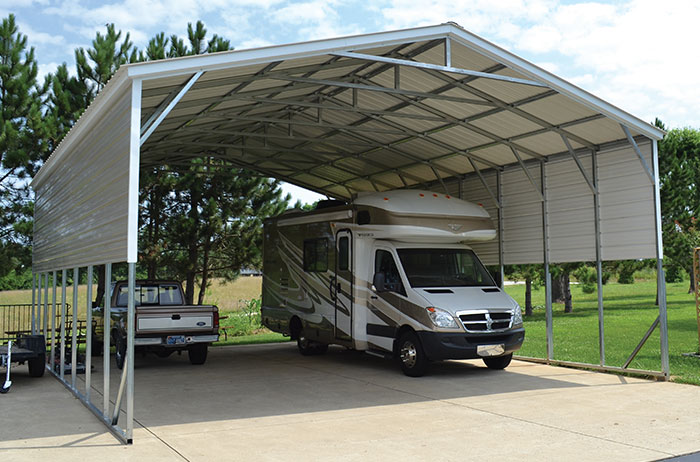 RV Cover A-Frame with 8'x7' garage door with 10' enclosed - photos © AllSteelCarports.com